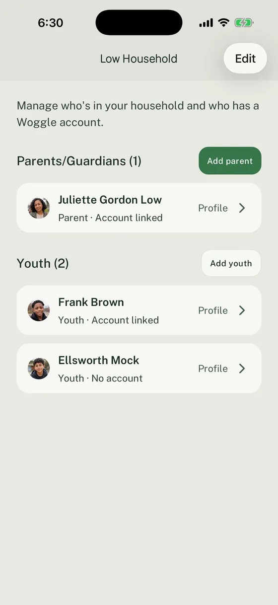 Woggle Low Household with one Parent or Guardian and two Youth Members, including their linked-account states.