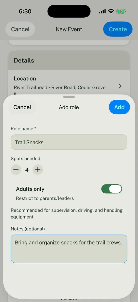 Woggle Add role screen with Trail Snacks, four spots, Adults only turned on, and notes for the trail crews.