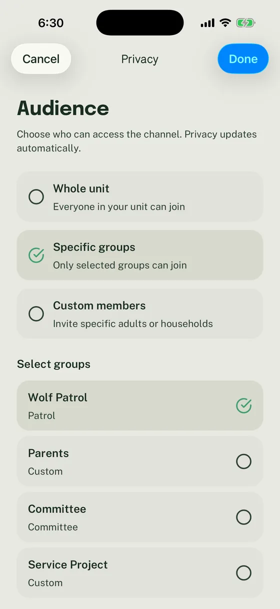Woggle Channel Audience screen with Specific groups selected and Wolf Patrol chosen.