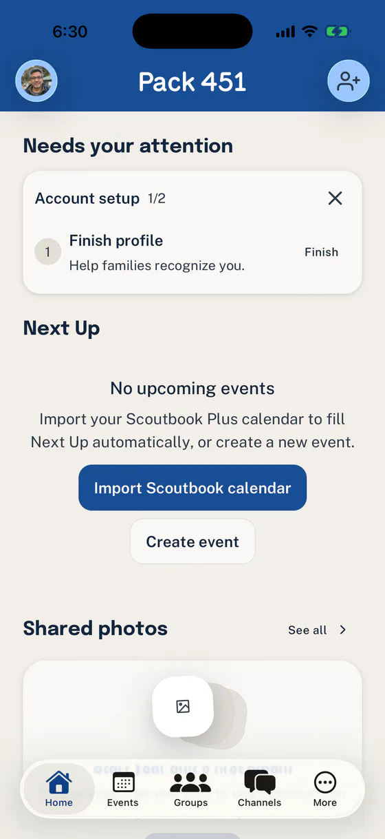 Woggle Home for Pack 451 with Account setup 1 of 2, no upcoming Events, and a Create event button.