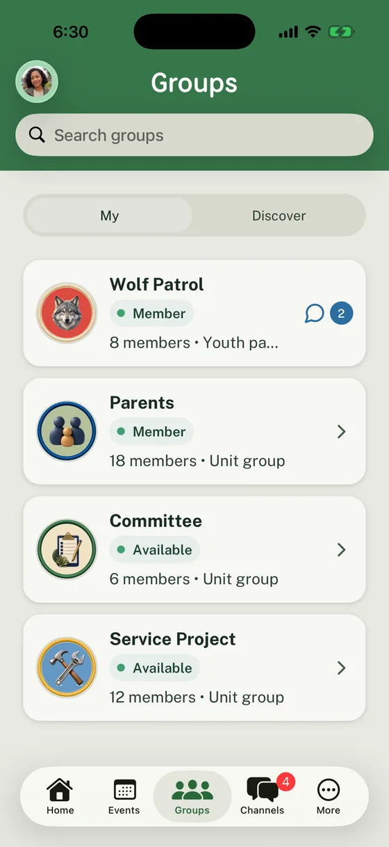 Woggle Groups screen with My selected and Wolf Patrol, Parents, Committee, and Service Project listed.