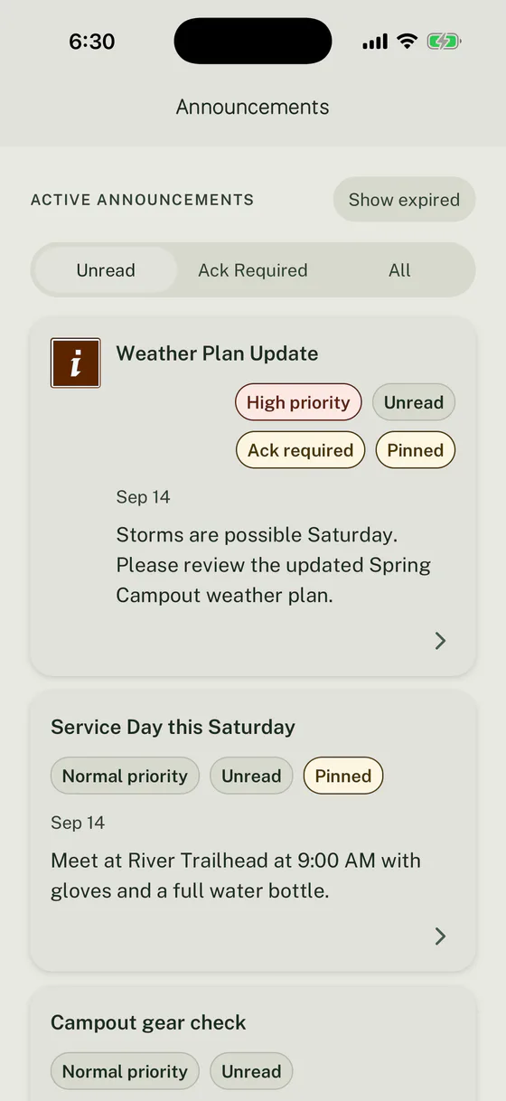 Woggle Announcements feed with a high-priority Weather Plan Update marked unread, acknowledgement required, and pinned.