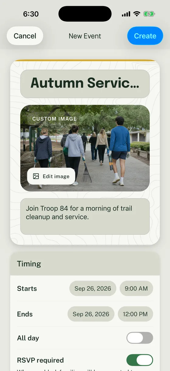 Woggle New Event form for Autumn Service Day with a custom image, description, September 26 timing, and RSVP turned on.