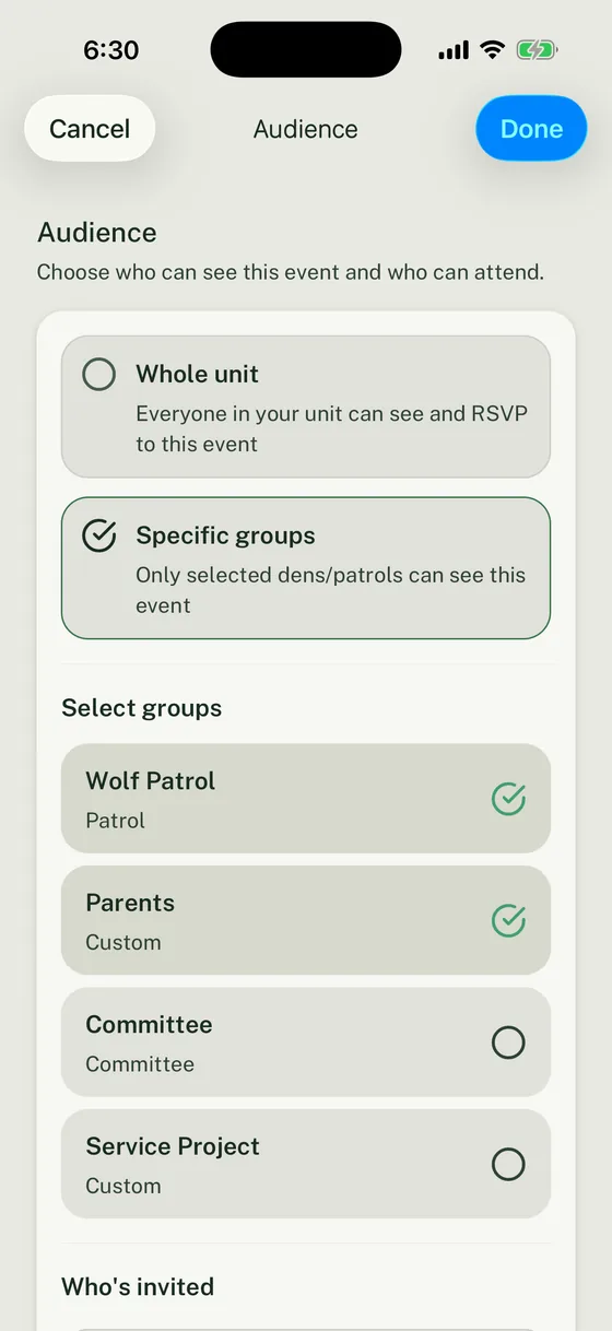 Woggle Event Audience screen with Specific groups selected and Wolf Patrol and Parents checked.