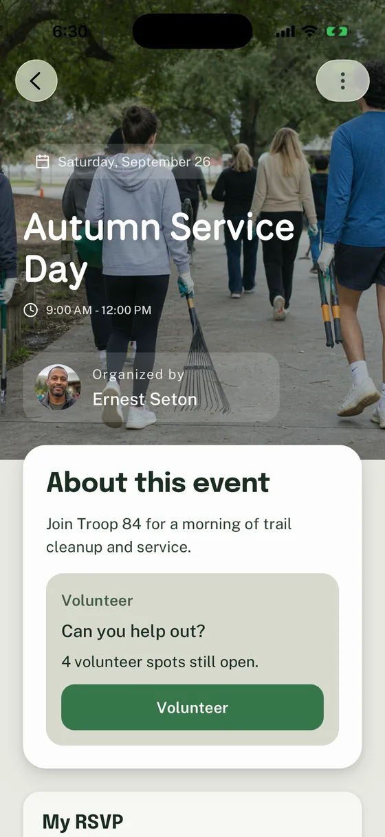 Published Autumn Service Day Event detail with September 26 timing, organizer information, volunteer action, and the RSVP section.