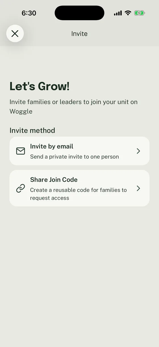 Woggle Invite screen offering Invite by email and Share Join Code.