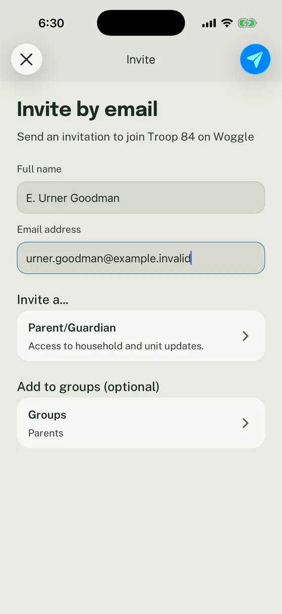 Woggle Invite by email form for a Parent or Guardian with the Parents Group selected.