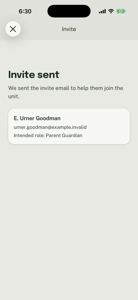 Woggle Invite sent screen showing the recipient and Parent Guardian role.