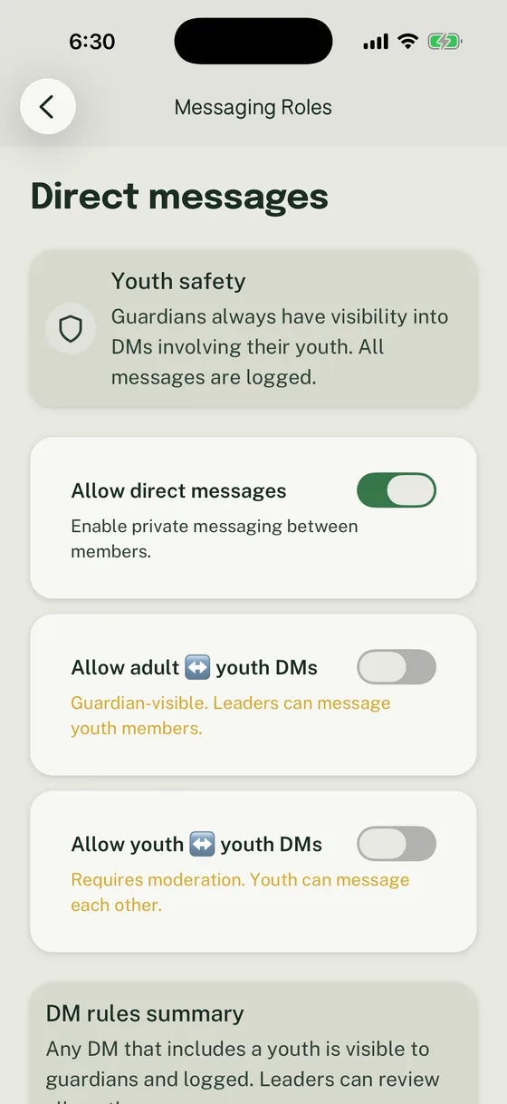 Woggle Messaging rules with Unit and Group conversations on, youth posting off, and adult-to-youth direct messaging off.