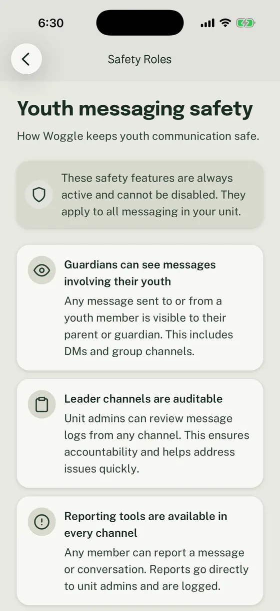 Woggle Youth safety rules screen explaining that guardians can see conversations involving their Youth Members.