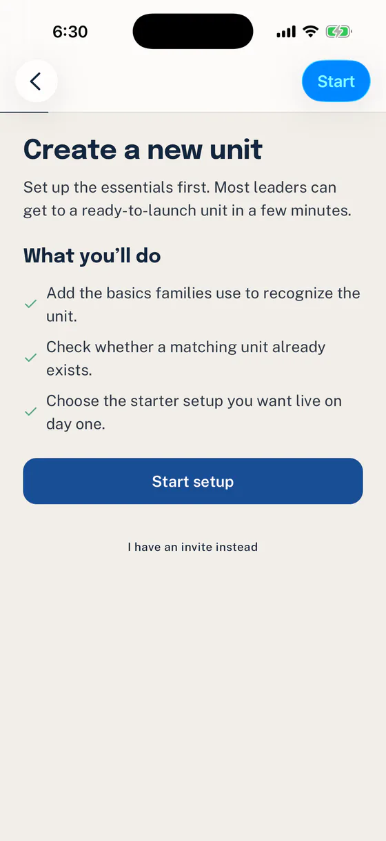 Woggle Create a new unit screen with a Start setup button and an I have an invite instead option.