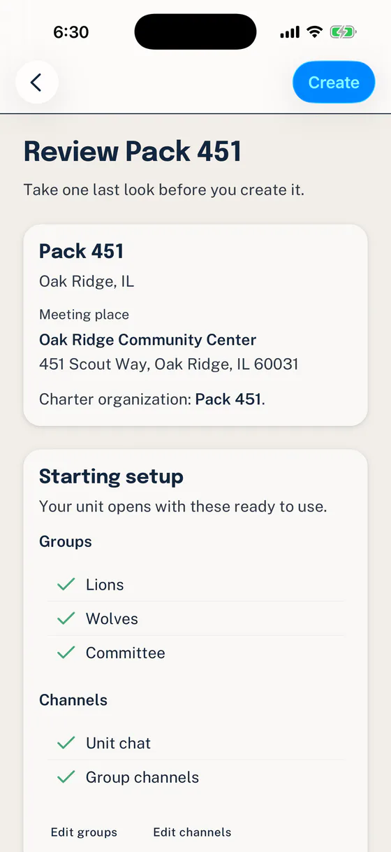 Woggle Review Pack 451 screen with Unit details and starter Groups and Channels before creation.