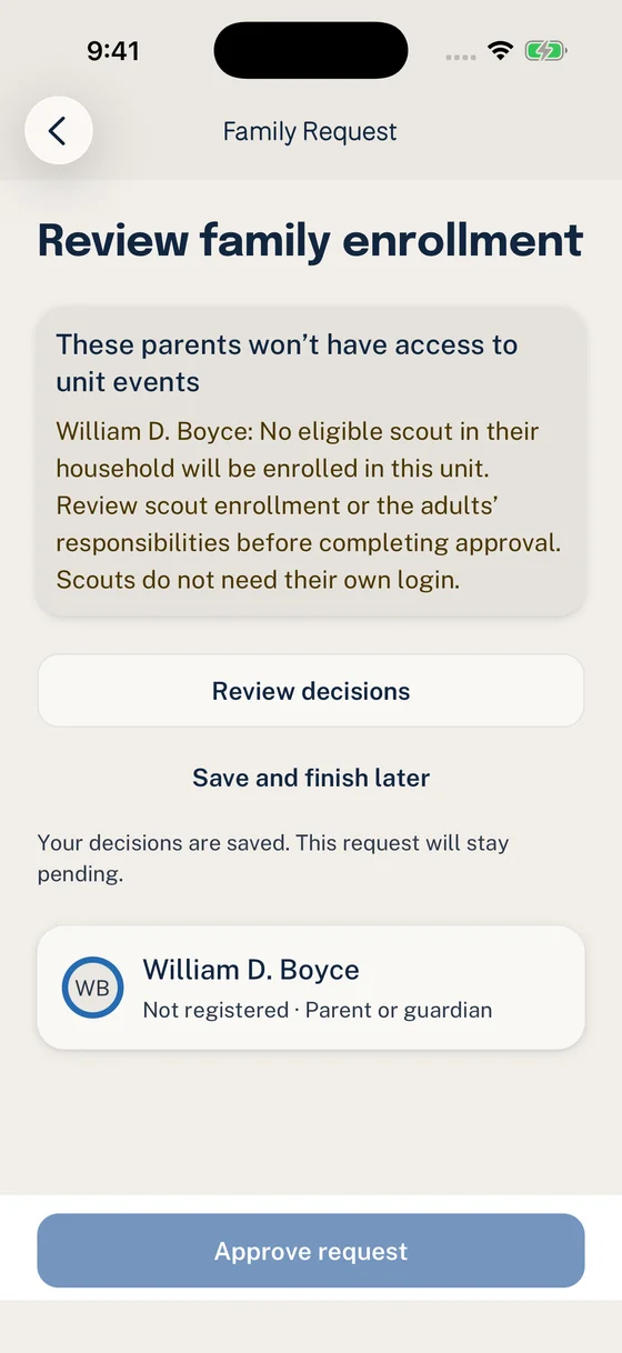 A parent-only request warns that the parent will not have access to Unit Events and offers Save and finish later.