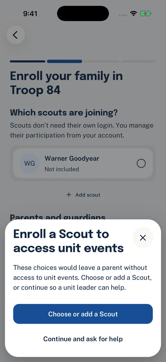 After Review, Woggle offers Choose or add a Scout and Continue and ask for help when the family needs Scout enrollment.