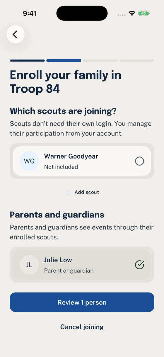 Enroll your family in Troop 84 with Scouts listed before parents and guardians.