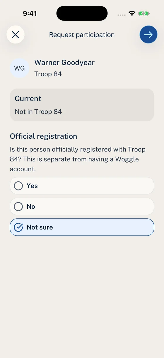 Warner Goodyear’s request with Official registration and Not sure selected.