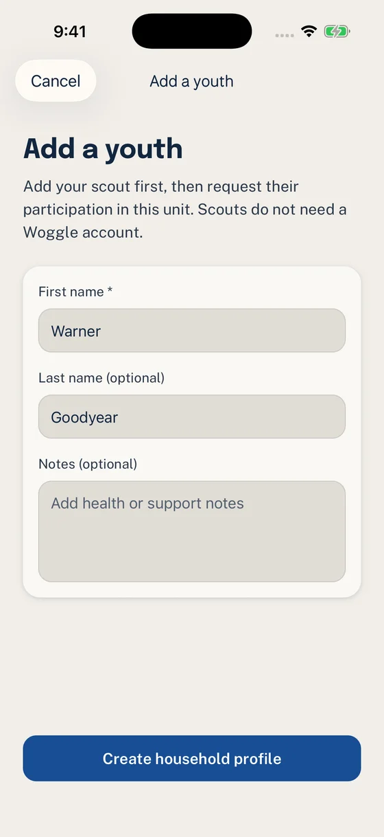 Add a youth form with Warner Goodyear entered and Create household profile ready.