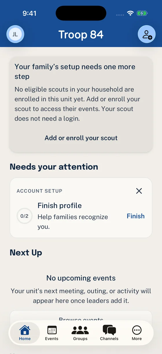 Troop 84 Home asks Julie Low to add or enroll her Scout.