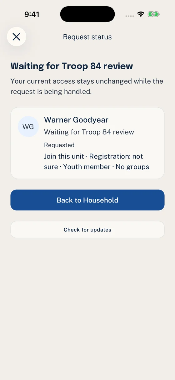 Warner Goodyear’s participation request is waiting for Troop 84 review.