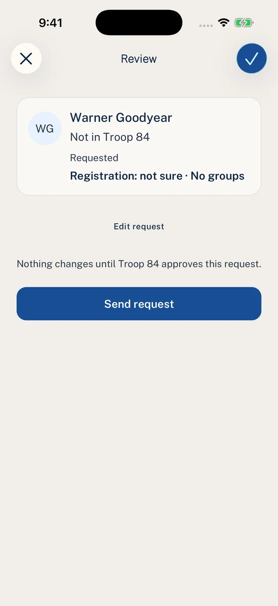 Warner Goodyear’s request to join Troop 84 with Send request.