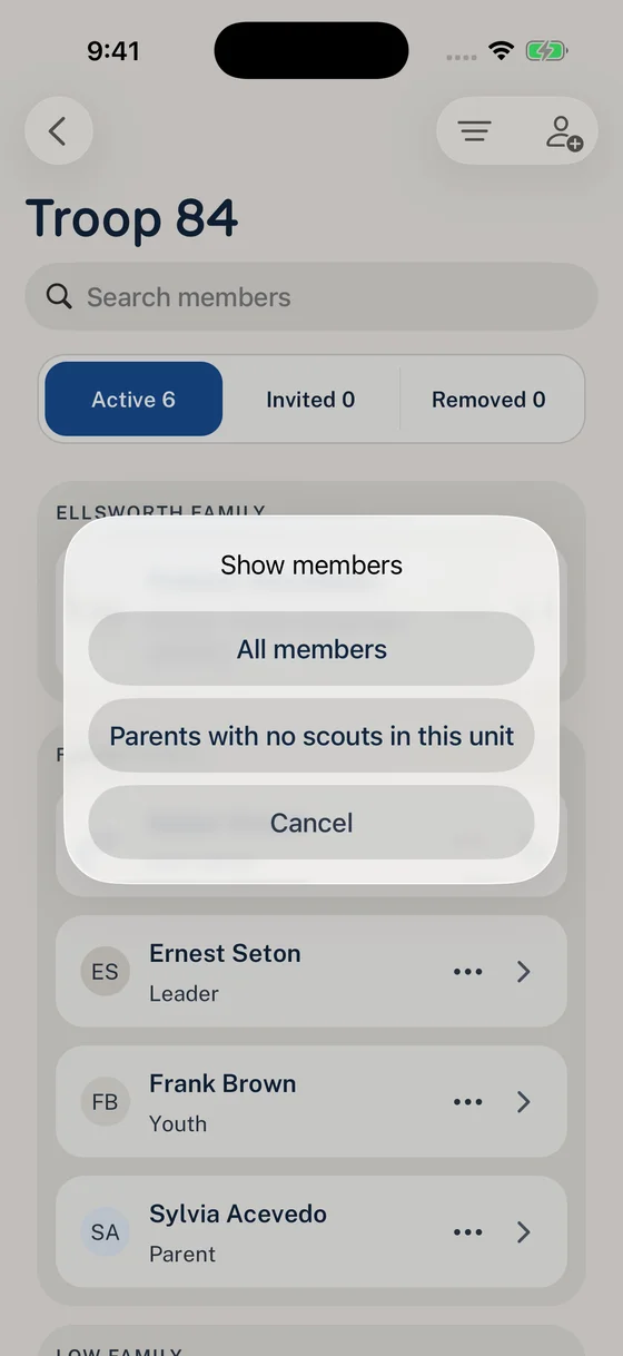 Show members menu with All members and Parents with no scouts in this unit.
