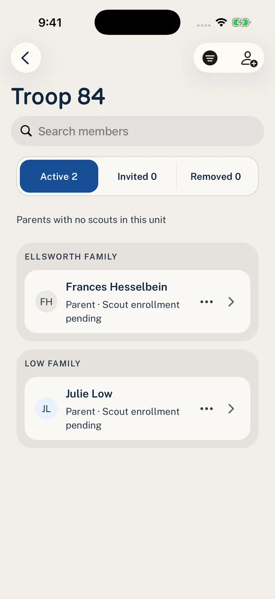 Filtered Troop 84 roster showing parents whose Scouts are awaiting enrollment.