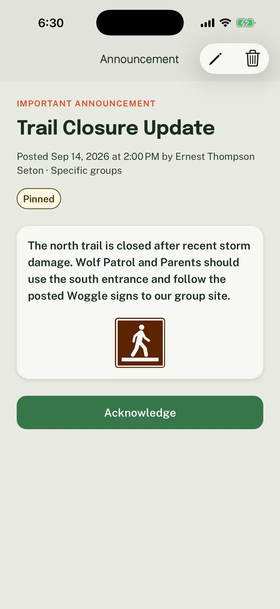 Published Trail Closure Update for specific Groups with High priority, a pinned label, and an acknowledgement action.