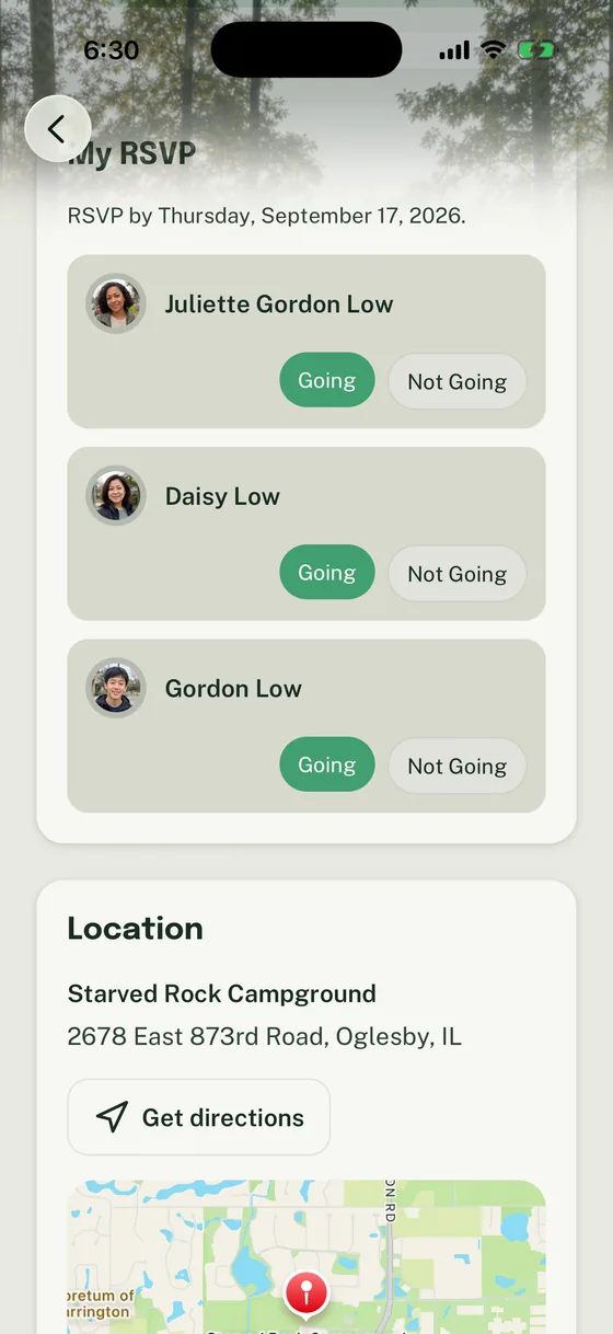 Woggle My RSVP section with Going or Not Going choices for one Guardian and two Youth Members.
