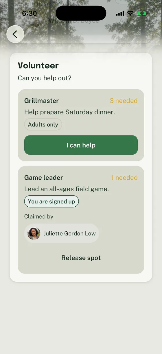 Woggle Event volunteer section with three Grillmaster spots open and Game leader claimed by the signed-in member.