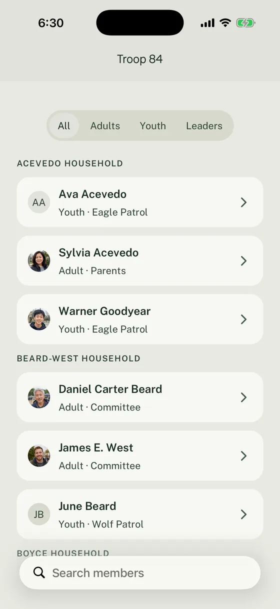 Troop 84 Unit roster grouped by Household with All, Adults, Youth, and Leaders filters.