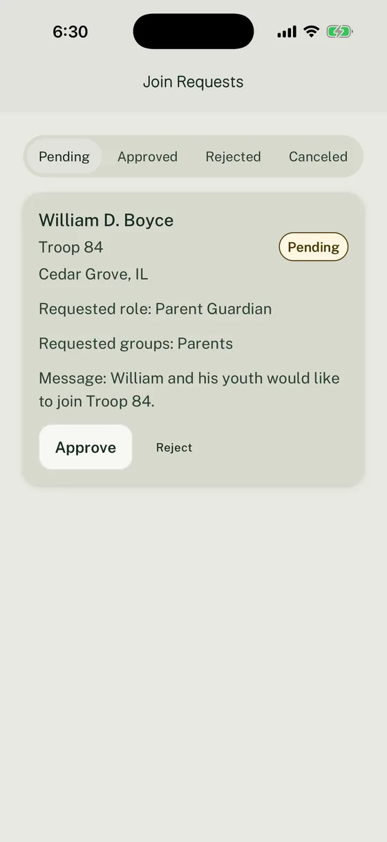 Pending Troop 84 join request showing the applicant, requested Parent Guardian role, Parents Group, message, and Approve and Reject actions.