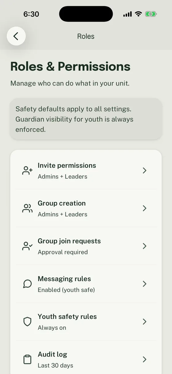 Woggle Roles and Permissions screen with links for Invitations, Groups, Messaging, member roles, and Recent changes.