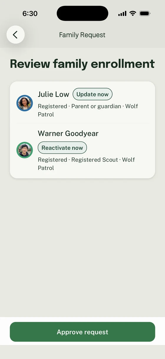 Final family review showing Julie Low as Update now, Warner Goodyear as Reactivate now, and a separate Approve request button.