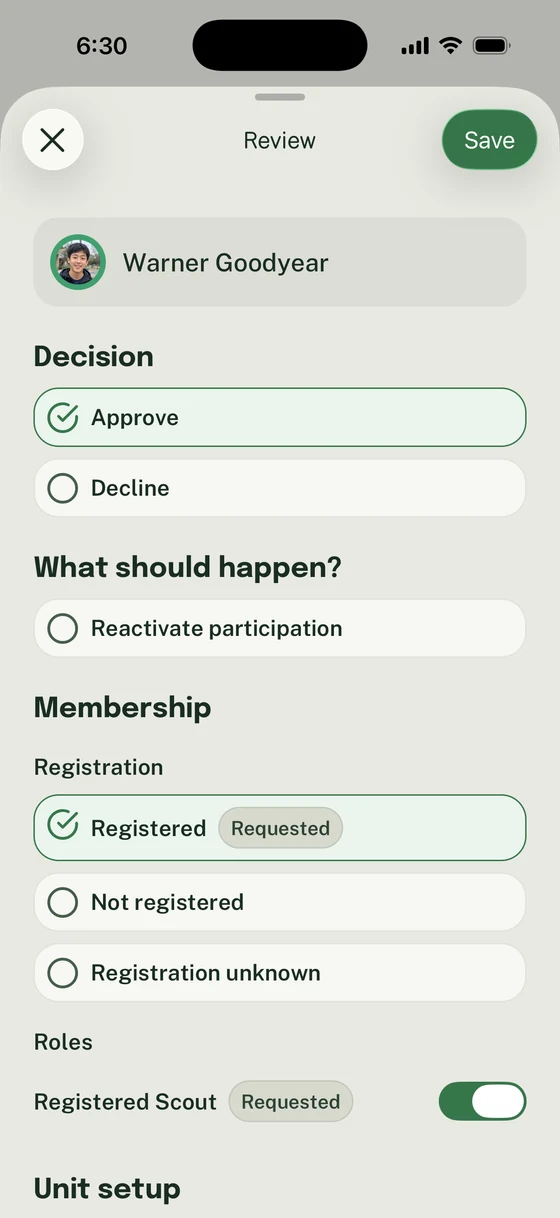 Warner Goodyear’s Review sheet with Approve selected and Reactivate participation awaiting selection, above registration and Scout role choices.