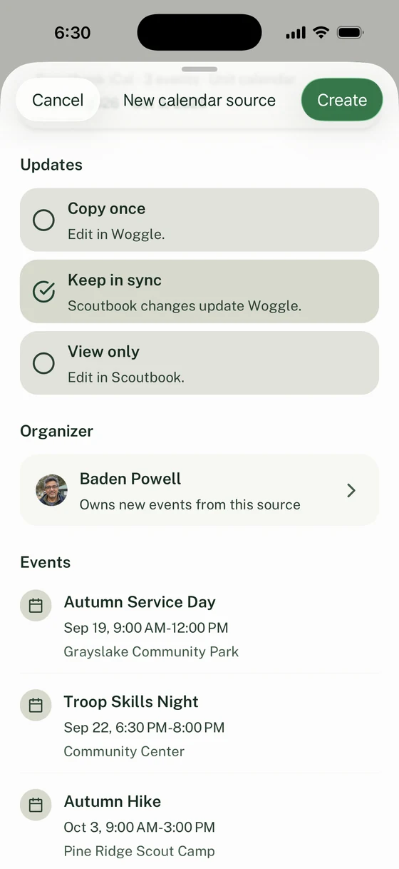 Calendar source preview with Copy once, Keep in sync, and View only choices, Baden Powell as organizer, and three upcoming Events.