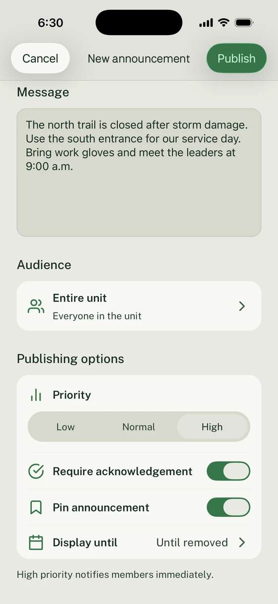 New announcement with a populated trail-closure message, Entire unit audience, High priority, acknowledgement and pinning on, and Display until.
