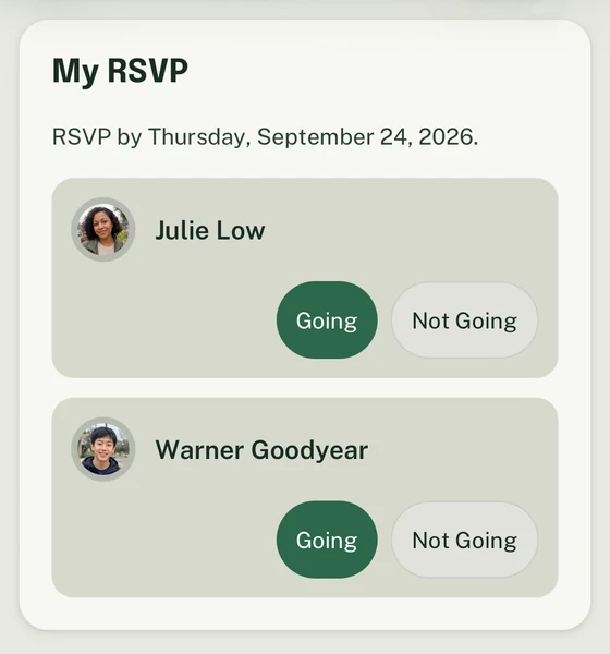 My RSVP card with Julie Low and Warner Goodyear’s portraits and separate Going and Not Going choices.