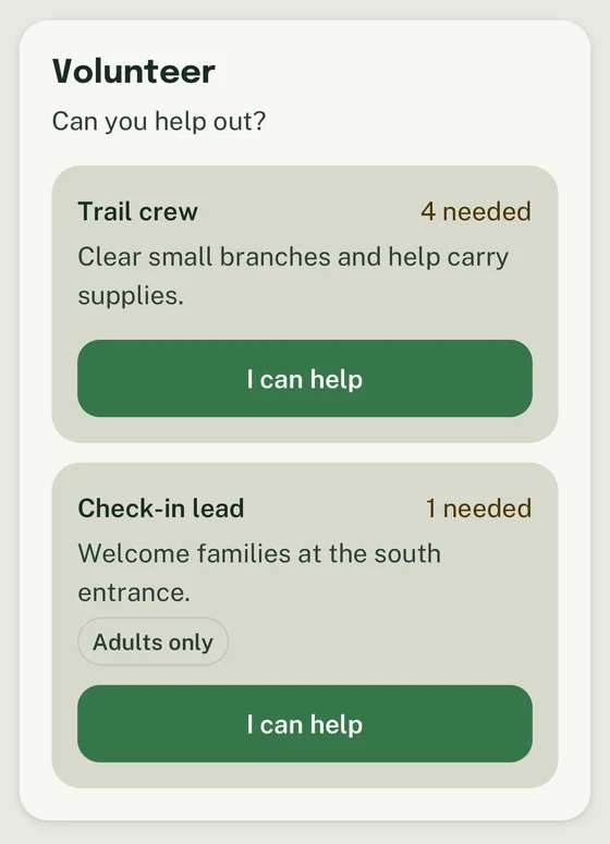 Volunteer roles with four Trail crew spots and one adults-only Check-in lead spot open, each with I can help.