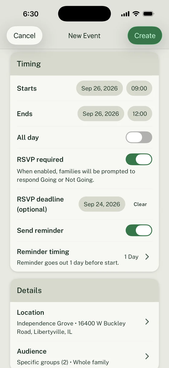New Event Timing controls with September 26 start and end times, RSVP required, a deadline, and a one-day reminder.