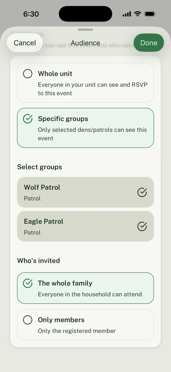 Event Audience with Wolf and Eagle Patrols selected and The whole family selected under Who’s invited.