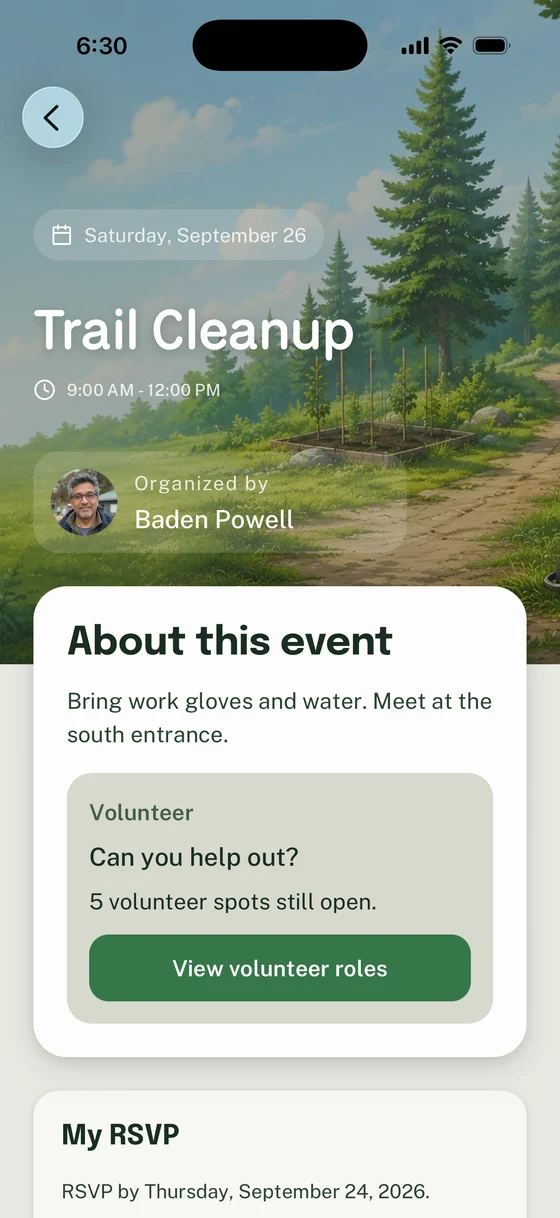 Trail Cleanup Event detail with September 26 timing, Baden Powell’s portrait, arrival instructions, and the volunteer action.