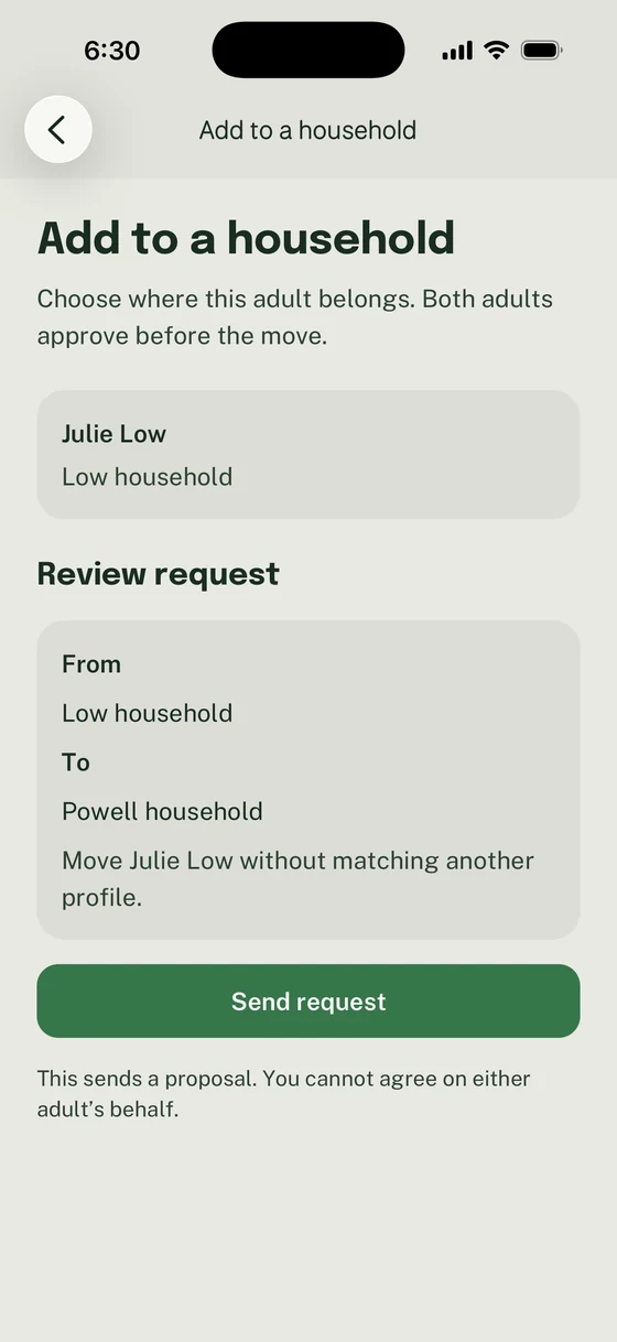 Review request for moving Julie Low from Low household to Powell household without matching another profile.