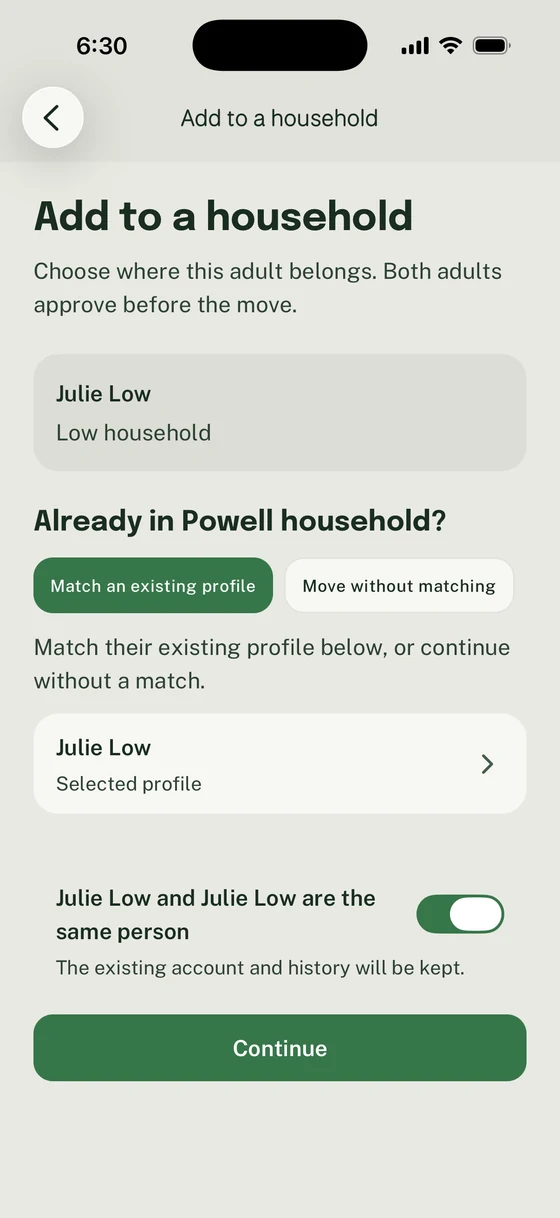 Match an existing profile and Move without matching choices, with Julie Low’s same-person acknowledgment selected.