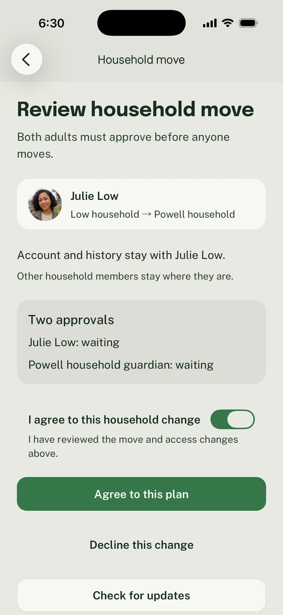 Review household move showing Julie Low’s destination, both approvals waiting, and the adult agreement and decline controls.