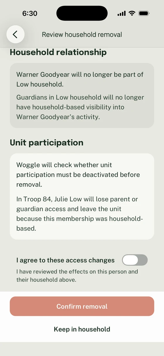 Removal review showing family and Troop 84 access effects, with acknowledgment off and Confirm removal disabled.