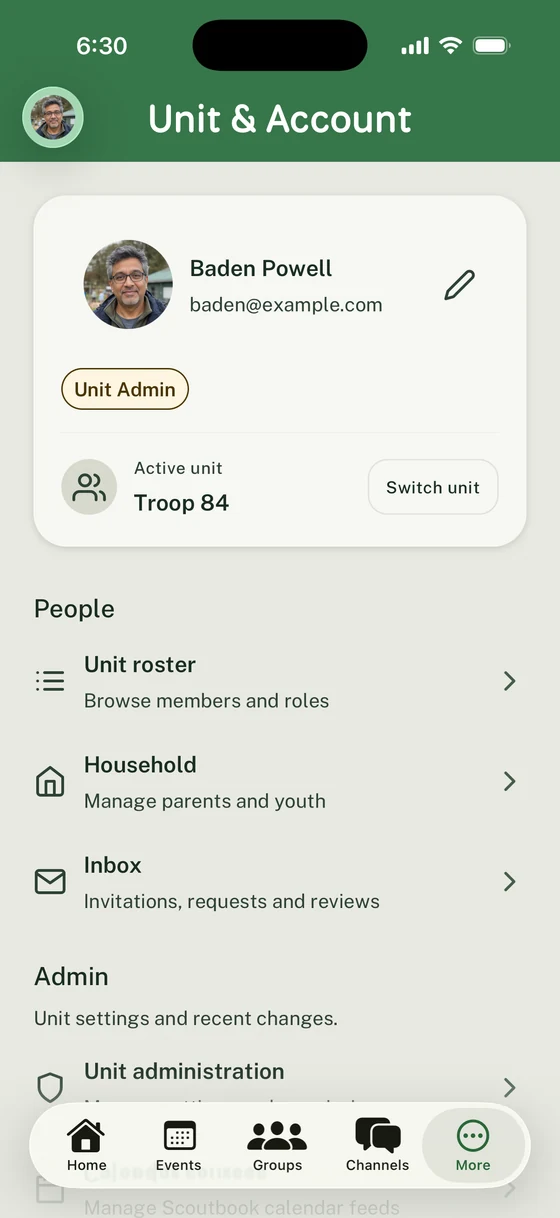 Unit & Account showing Baden Powell’s portrait, Unit Admin role, active Troop 84, Switch unit, and People links including Inbox.