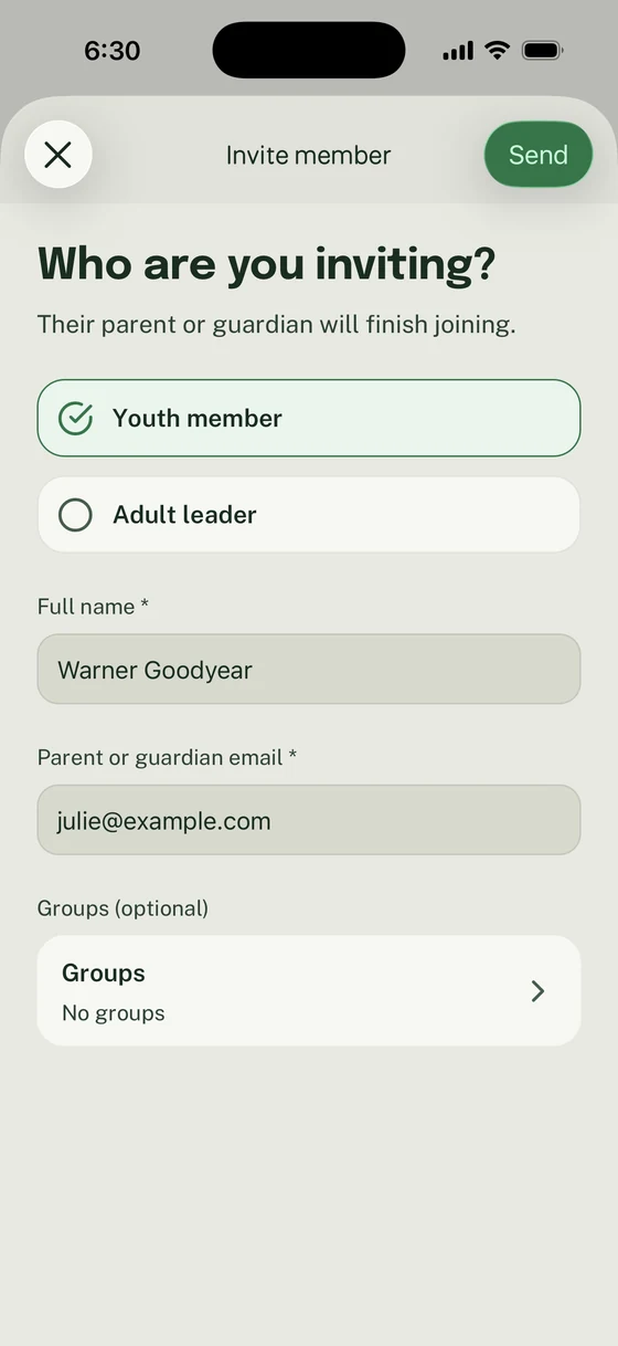 Invite member form with Youth member selected, Warner Goodyear’s name, Julie’s guardian email, and optional Groups.