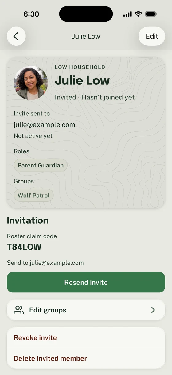Julie Low’s invited roster profile showing her role, Group, and invitation actions.