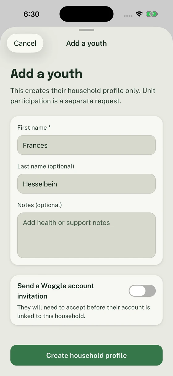 Add a youth form with fictional names and the separate unit-participation explanation.