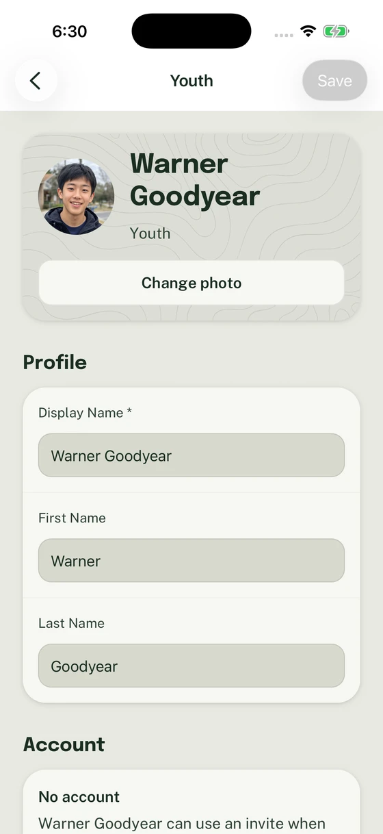 Youth profile with editable display name, first name and last name.